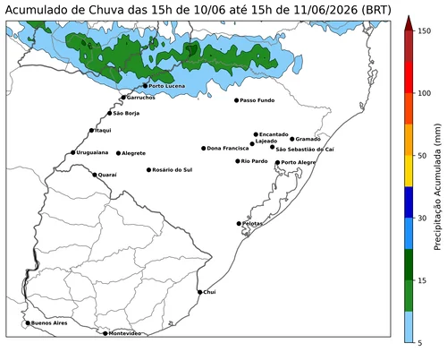 Mapa de precipitação acumulada prevista para as próximas 120 horas em Taquara/RS.