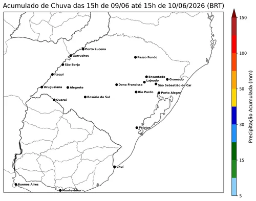 Mapa de precipitação acumulada prevista para as próximas 96 horas em Taquara/RS.