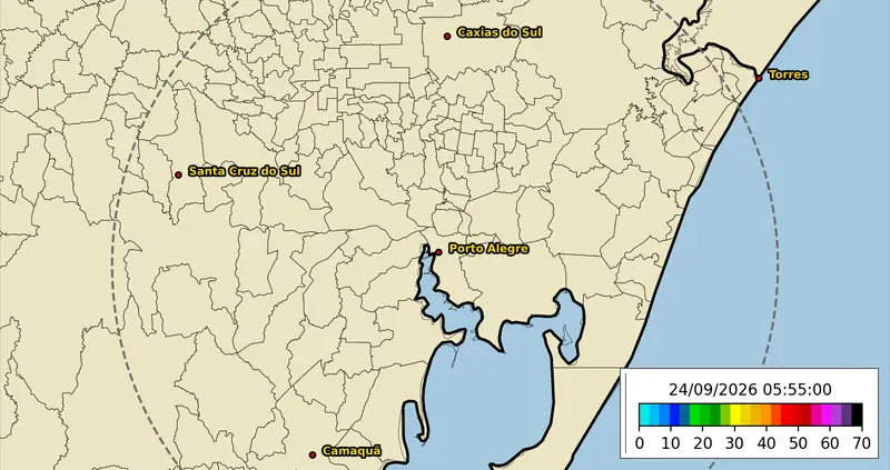 Radar meteorológico da Defesa Civil RS: refletividade (chuva) num raio de 150 km de Porto Alegre, últimas 2 horas