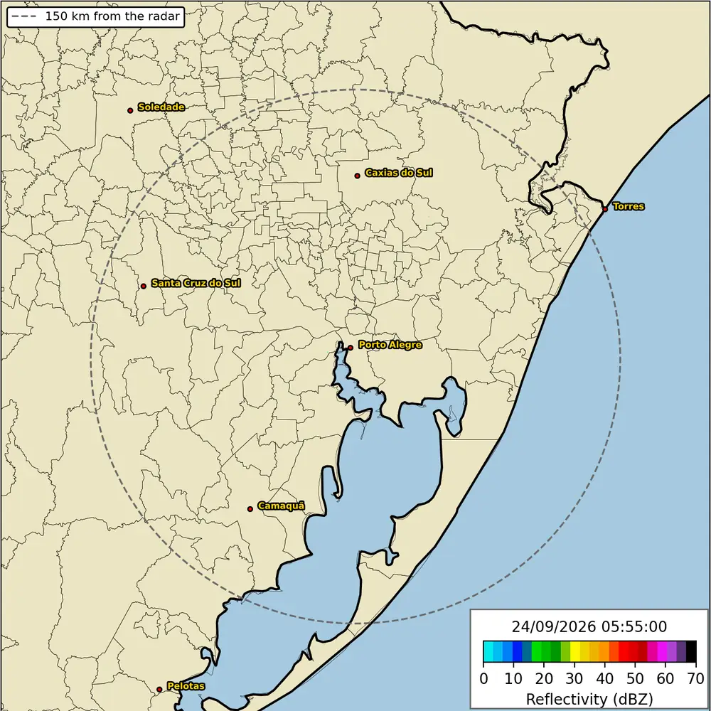 Radar meteorológico — mapa completo, 150 km de Porto Alegre